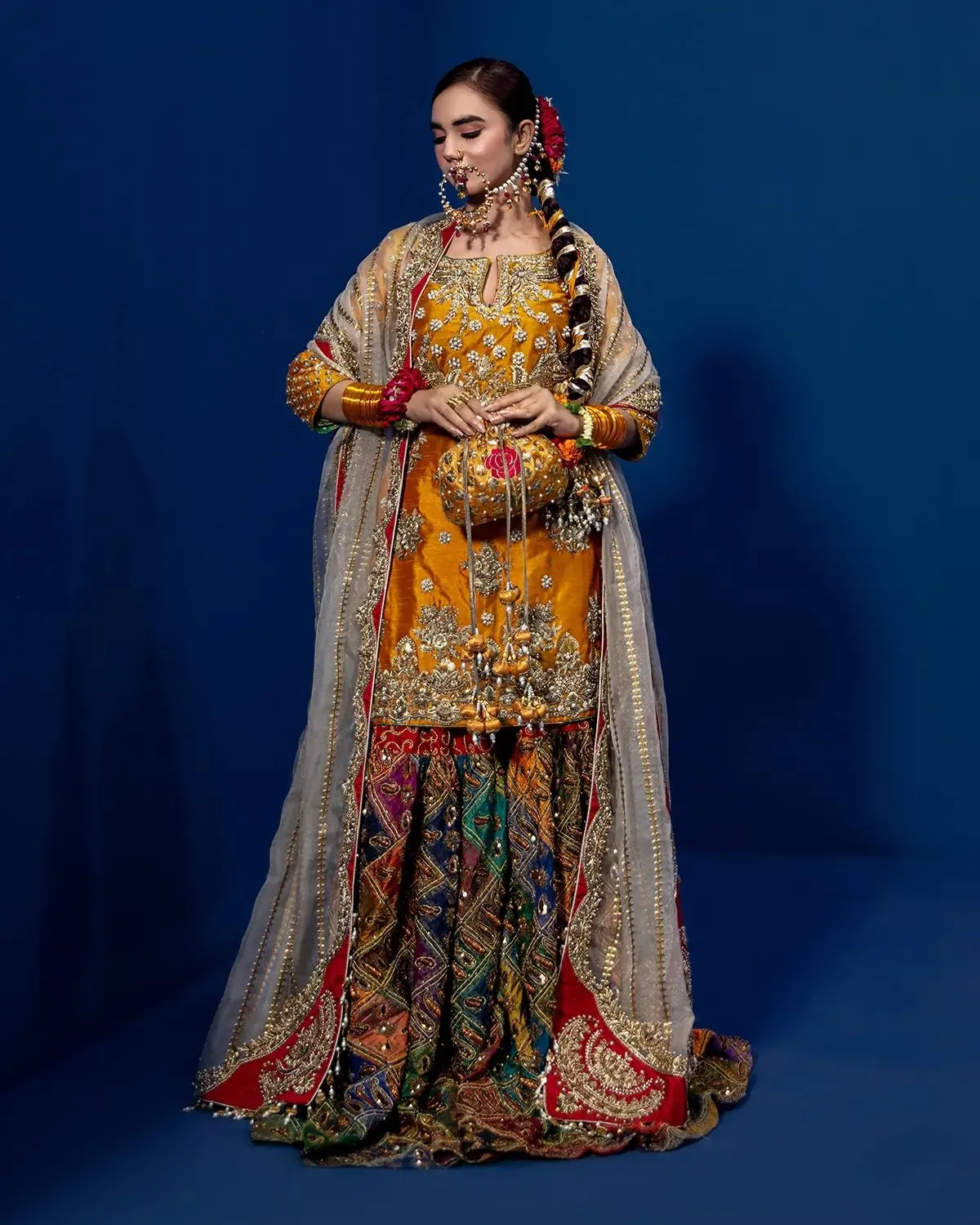 Bridal Mehndi Dress in Sharara Kameez Dupatta Style