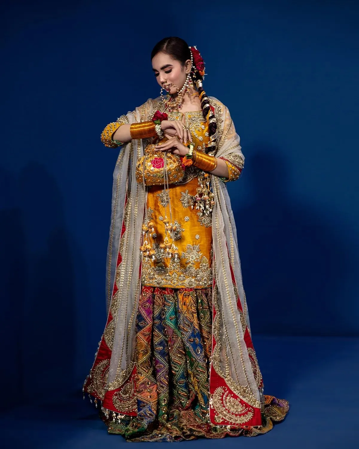Bridal Mehndi Dress in Sharara Kameez Dupatta Style
