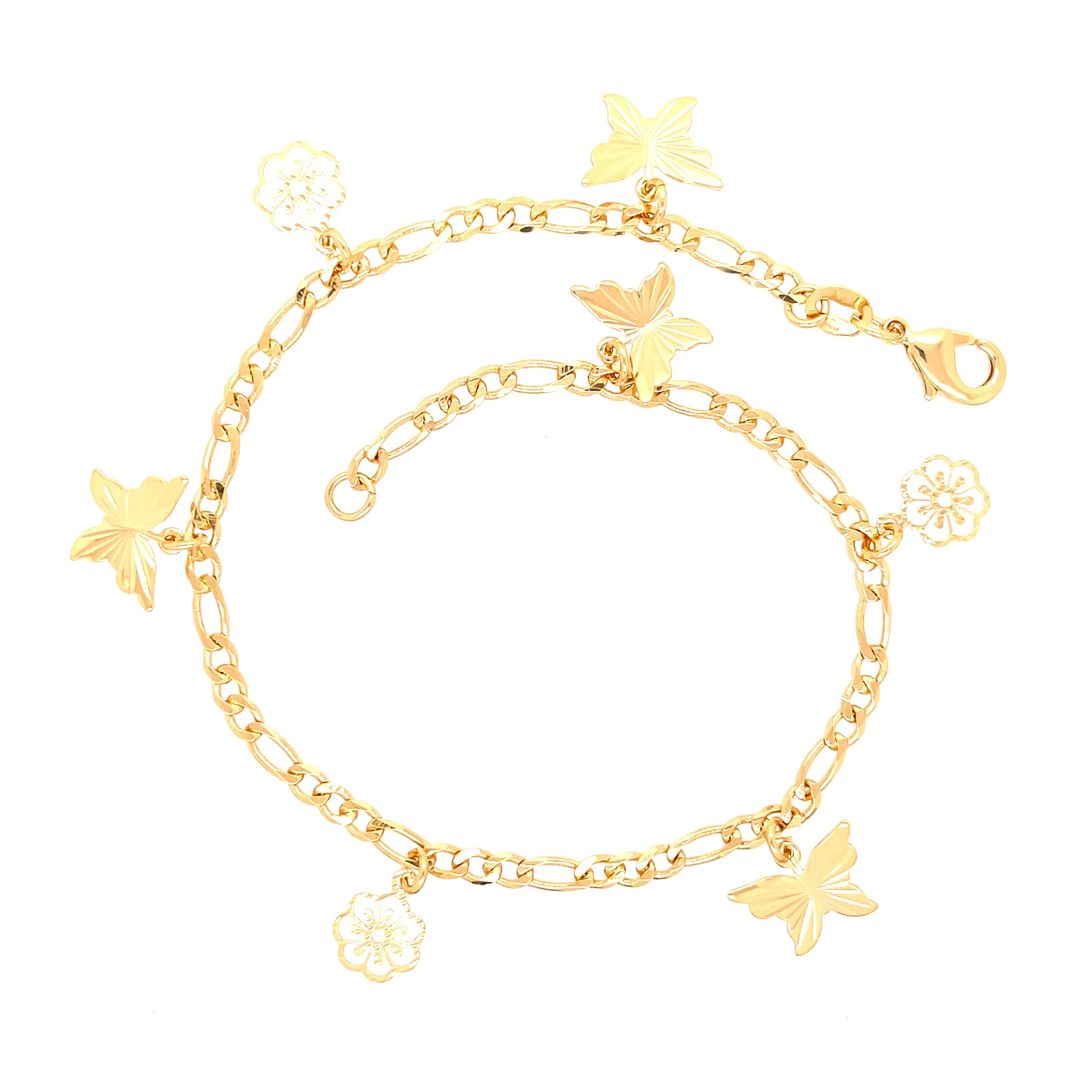 Butterfly and Flowers Charm Bracelet Anklet Figaro link chain