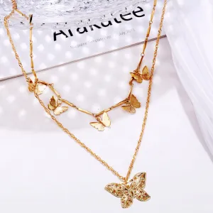 Butterfly Pattern Layered Pendant Chain Necklace