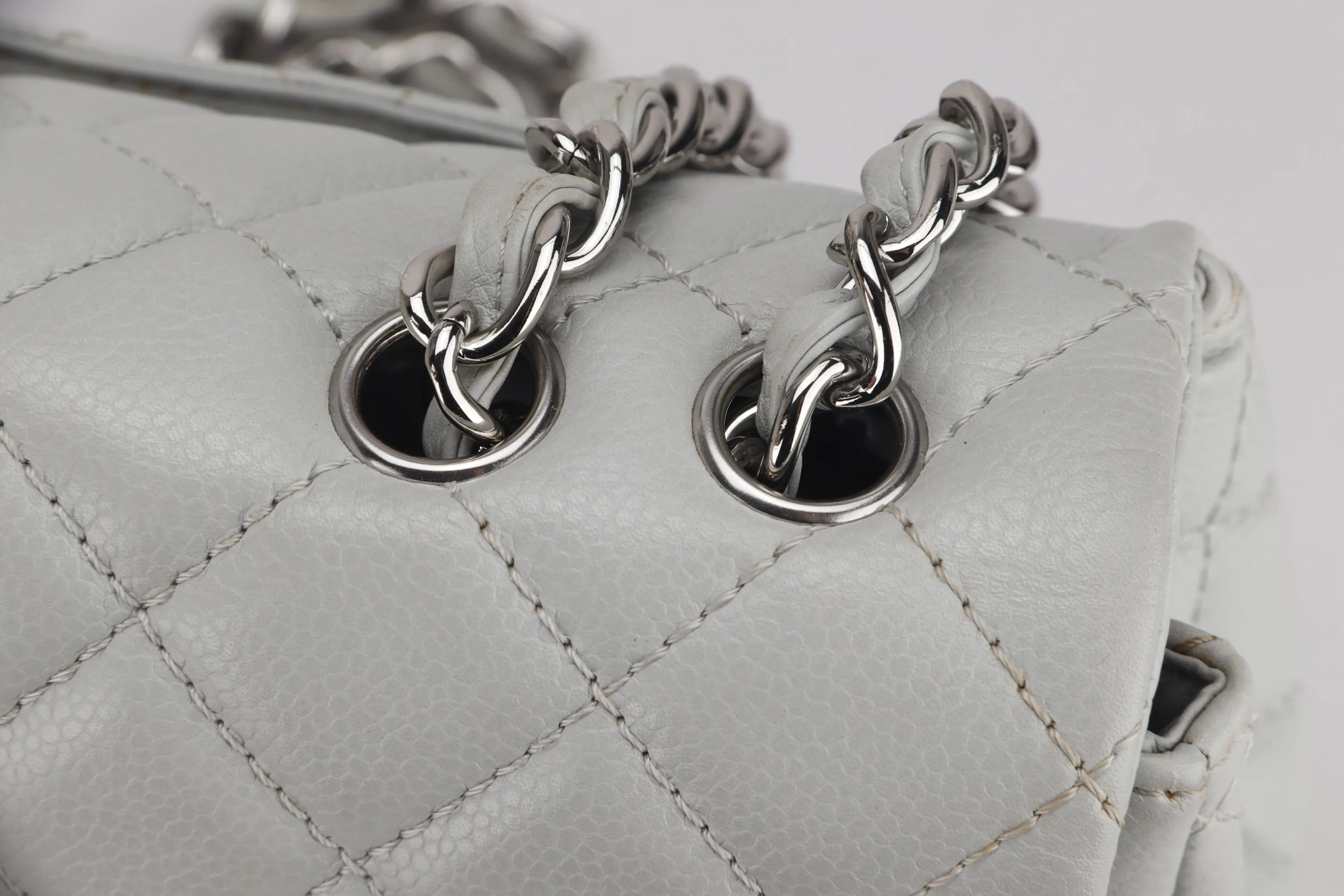 CHANEL CLASSIC SINGLE FLAP BAG (1282xxxx) JUMBO LIGHT MINT GREEN COLOR CAVIAR LEATHER, SILVER HARDWARE, WITH CARD & DUST COVER