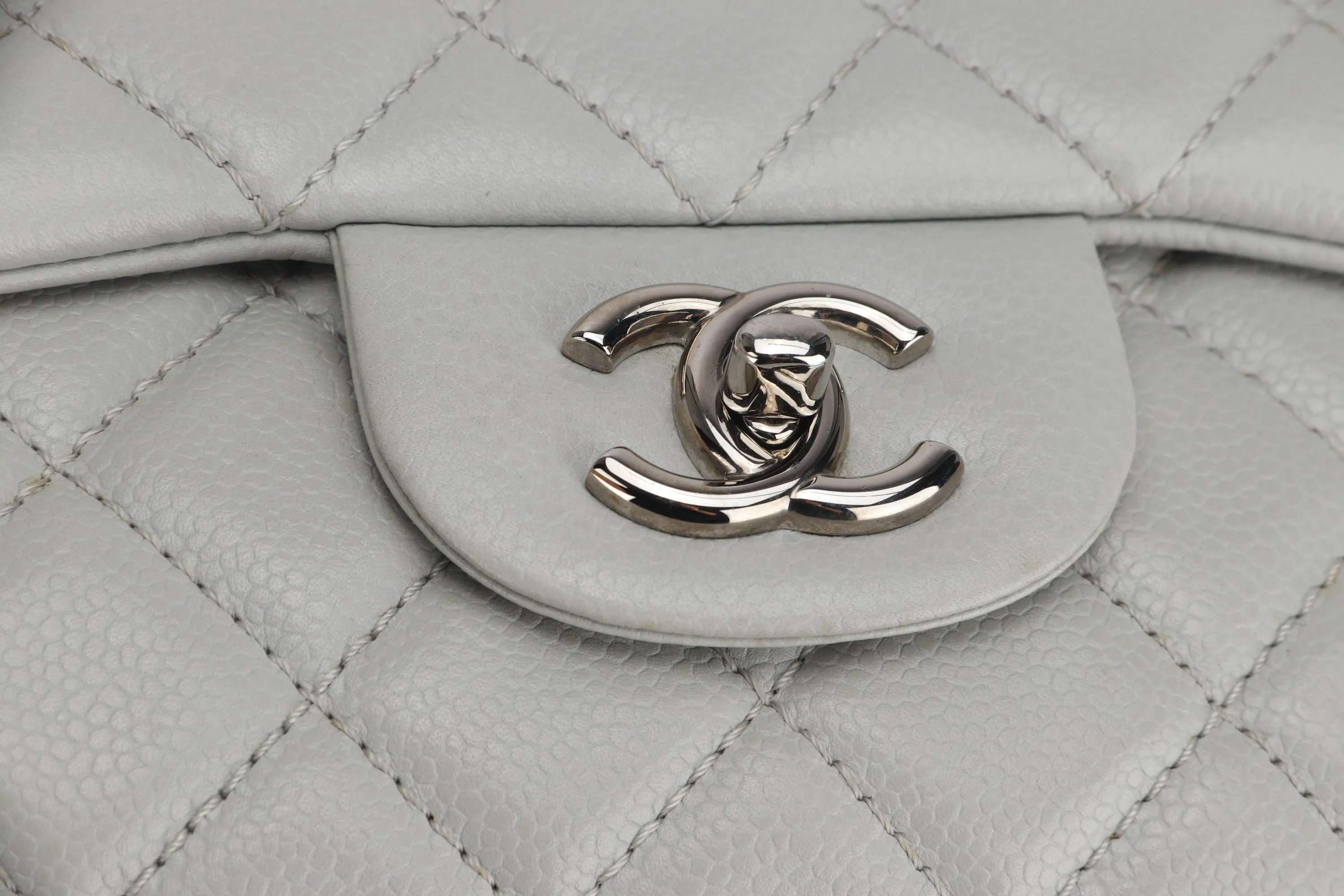 CHANEL CLASSIC SINGLE FLAP BAG (1282xxxx) JUMBO LIGHT MINT GREEN COLOR CAVIAR LEATHER, SILVER HARDWARE, WITH CARD & DUST COVER