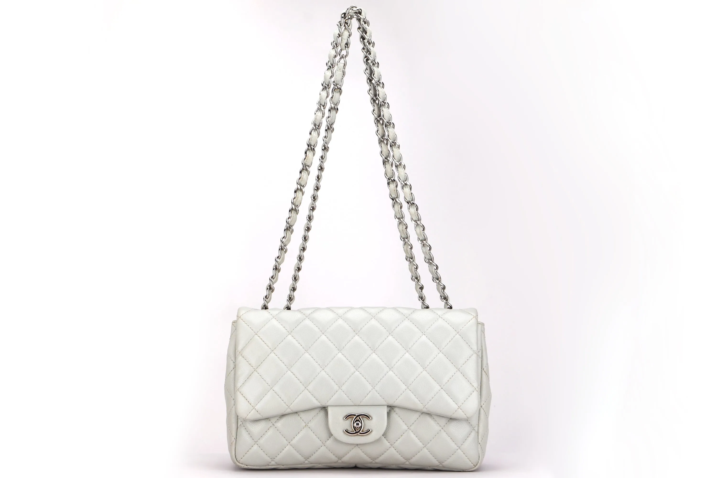 CHANEL CLASSIC SINGLE FLAP BAG (1282xxxx) JUMBO LIGHT MINT GREEN COLOR CAVIAR LEATHER, SILVER HARDWARE, WITH CARD & DUST COVER