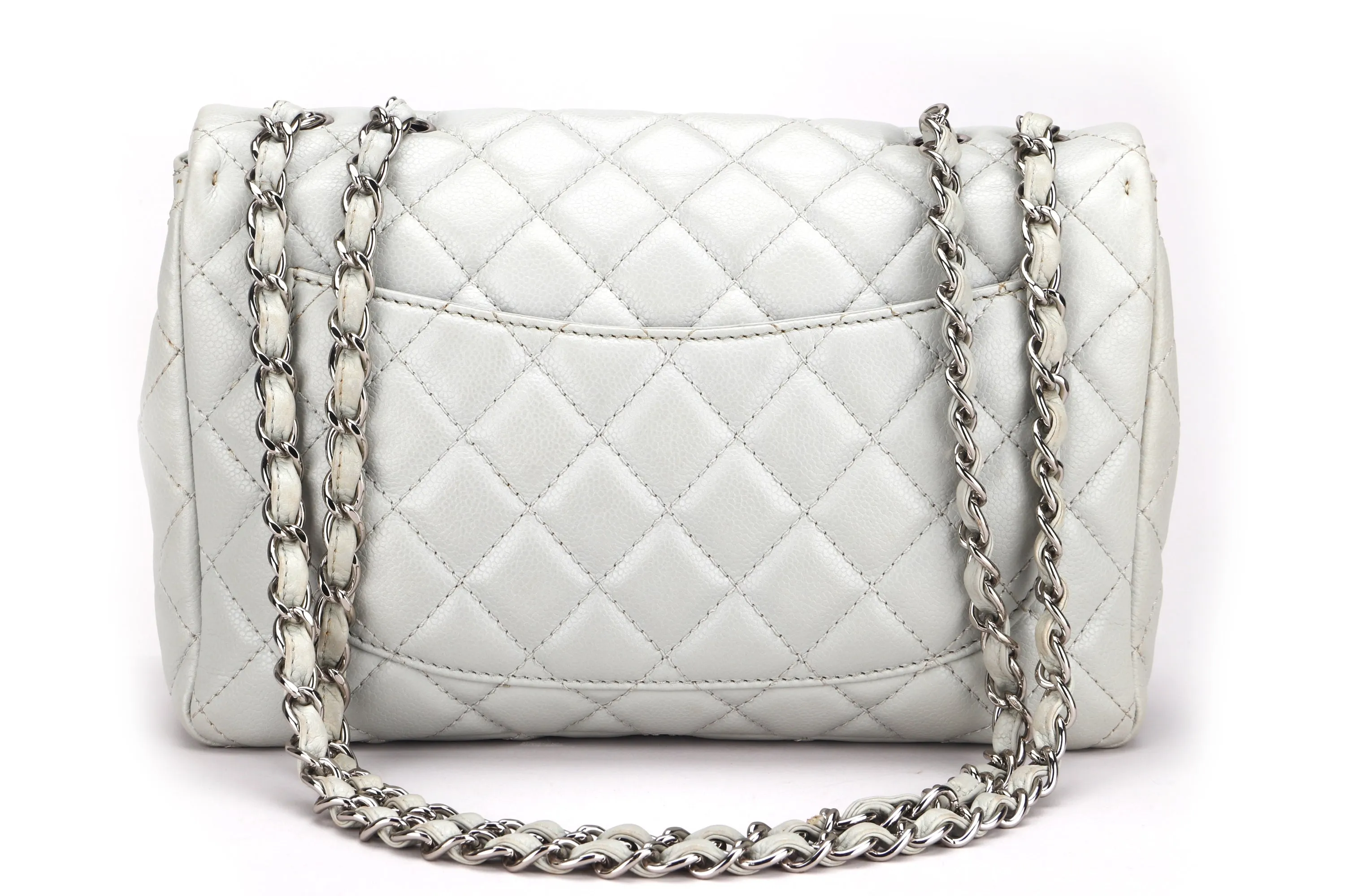 CHANEL CLASSIC SINGLE FLAP BAG (1282xxxx) JUMBO LIGHT MINT GREEN COLOR CAVIAR LEATHER, SILVER HARDWARE, WITH CARD & DUST COVER