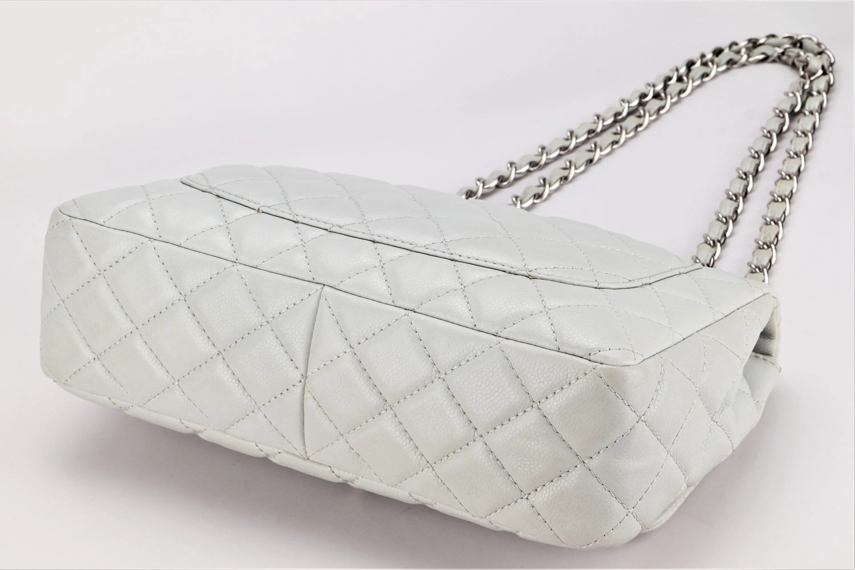 CHANEL CLASSIC SINGLE FLAP BAG (1282xxxx) JUMBO LIGHT MINT GREEN COLOR CAVIAR LEATHER, SILVER HARDWARE, WITH CARD & DUST COVER