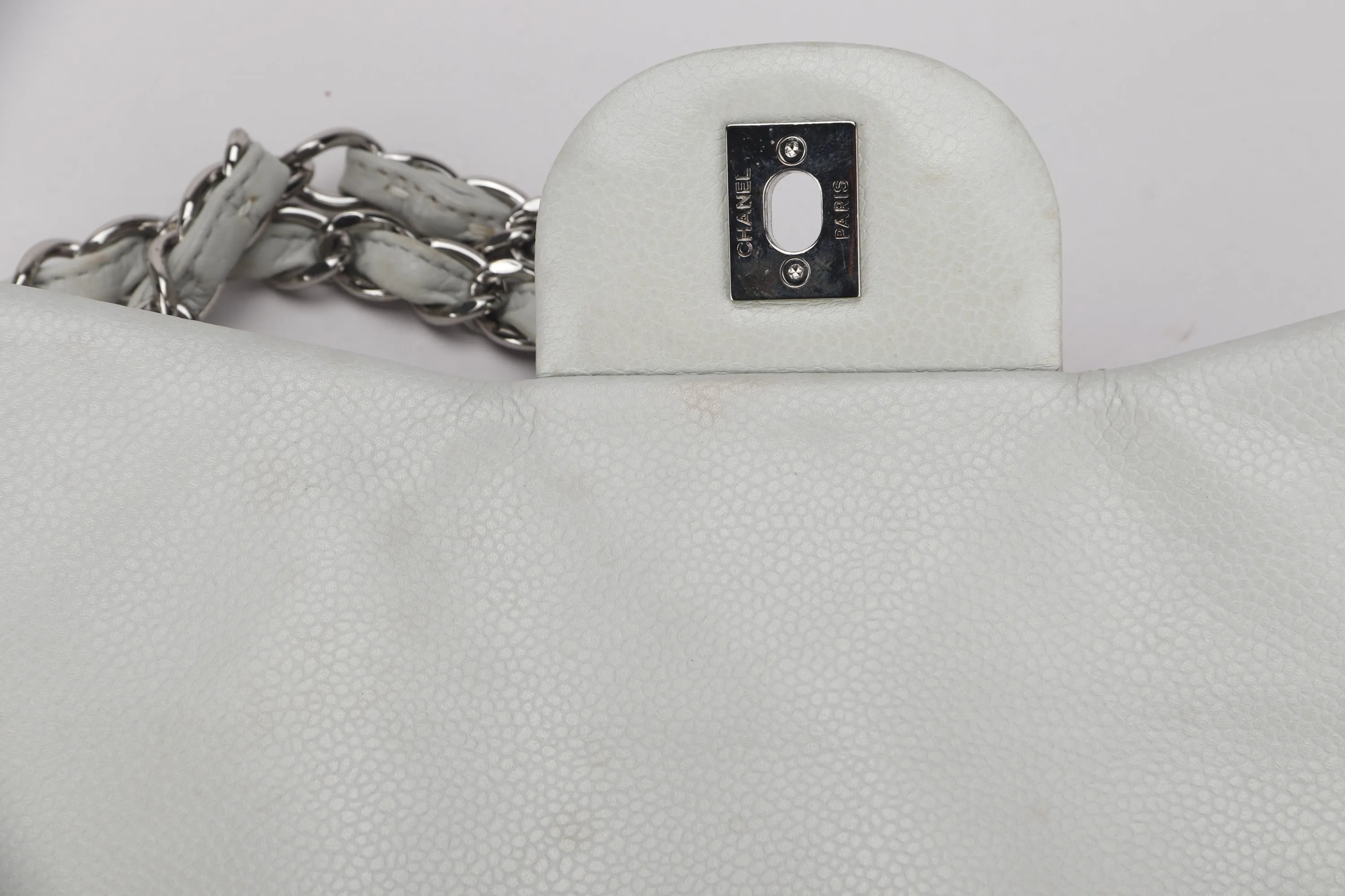 CHANEL CLASSIC SINGLE FLAP BAG (1282xxxx) JUMBO LIGHT MINT GREEN COLOR CAVIAR LEATHER, SILVER HARDWARE, WITH CARD & DUST COVER