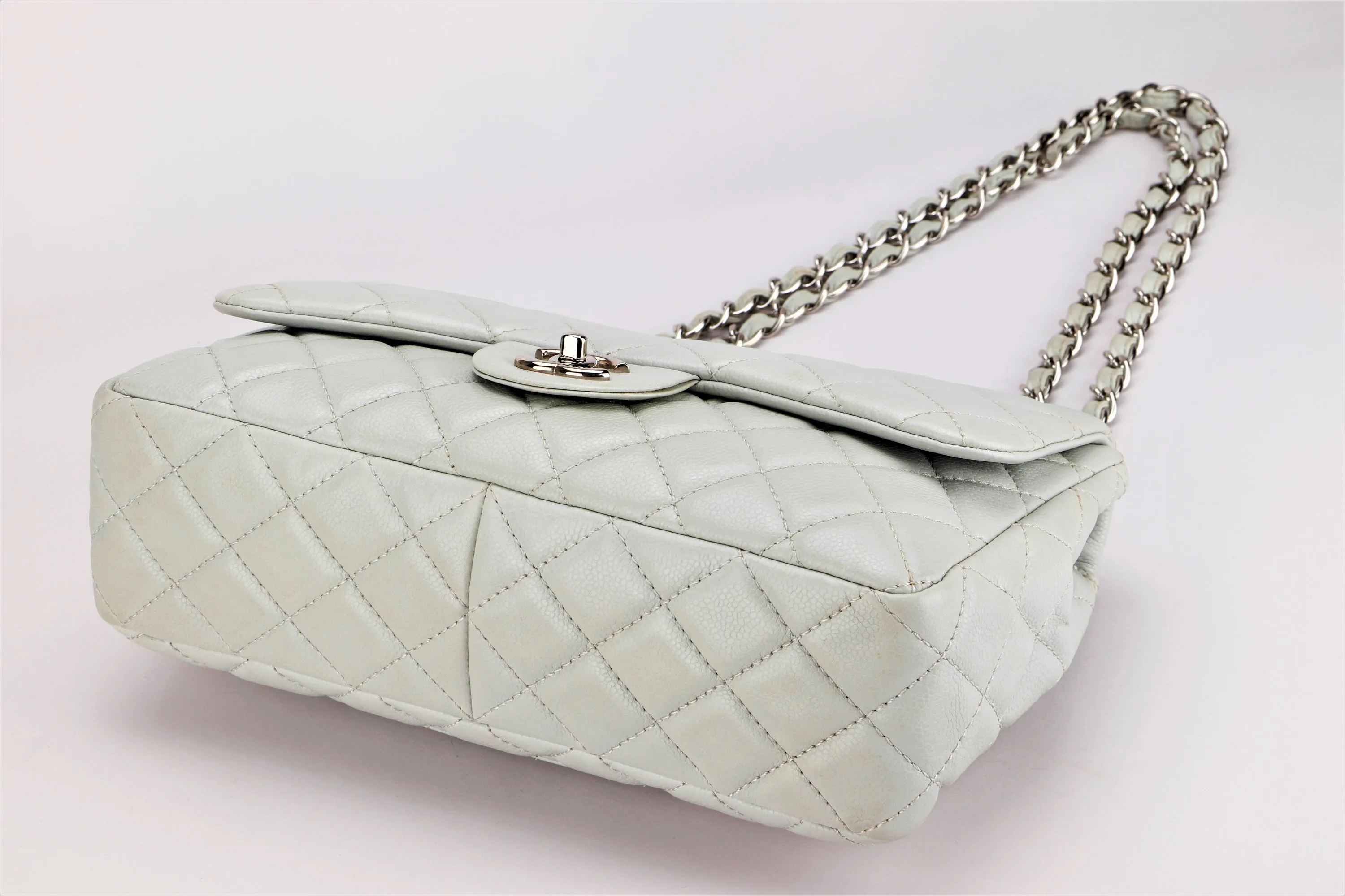 CHANEL CLASSIC SINGLE FLAP BAG (1282xxxx) JUMBO LIGHT MINT GREEN COLOR CAVIAR LEATHER, SILVER HARDWARE, WITH CARD & DUST COVER
