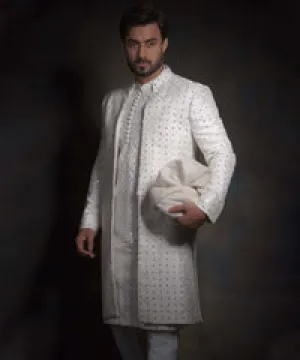 Classic Off White Mirror Work Embellished Pakistani Groom Sherwani