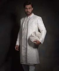Classic Off White Mirror Work Embellished Pakistani Groom Sherwani