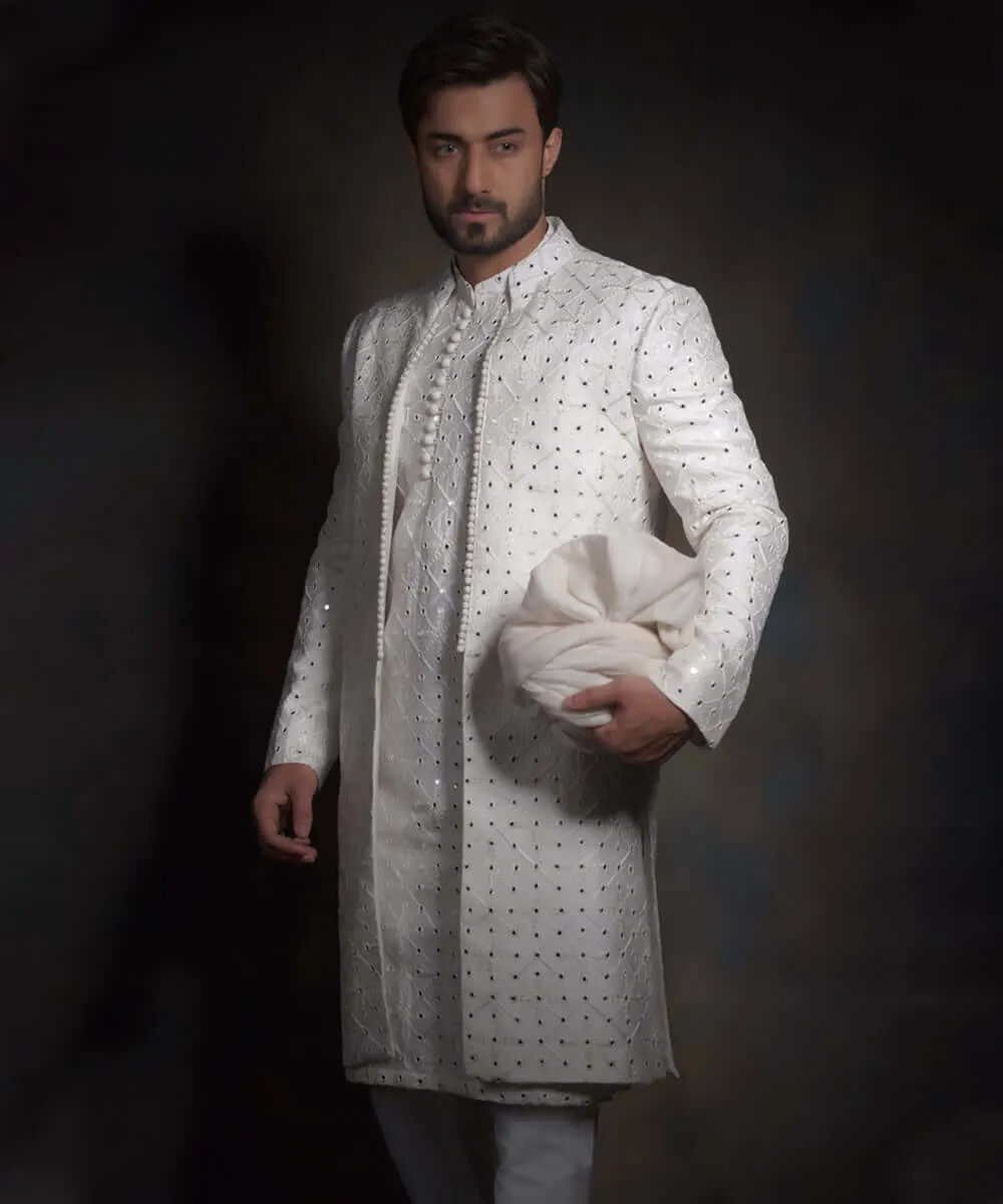 Classic Off White Mirror Work Embellished Pakistani Groom Sherwani