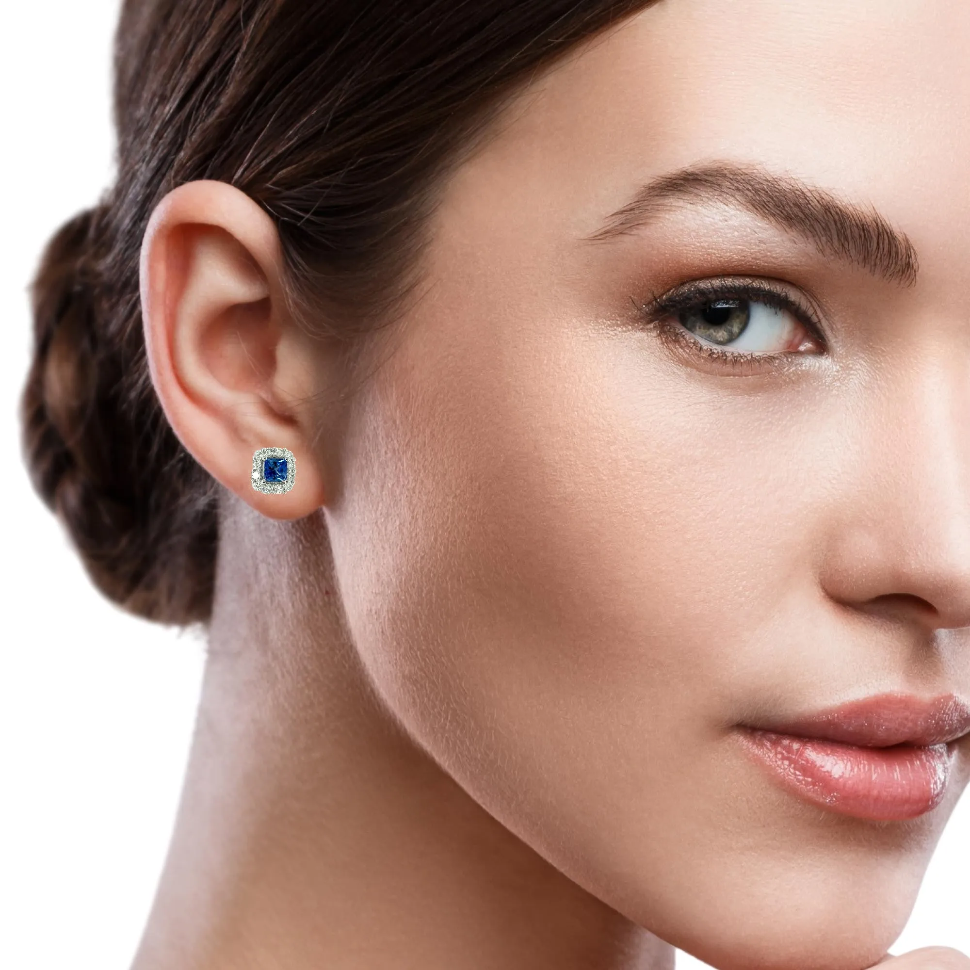 Cornflower Blue Sapphire, Diamond Pave and White Gold Stud Post Earrings
