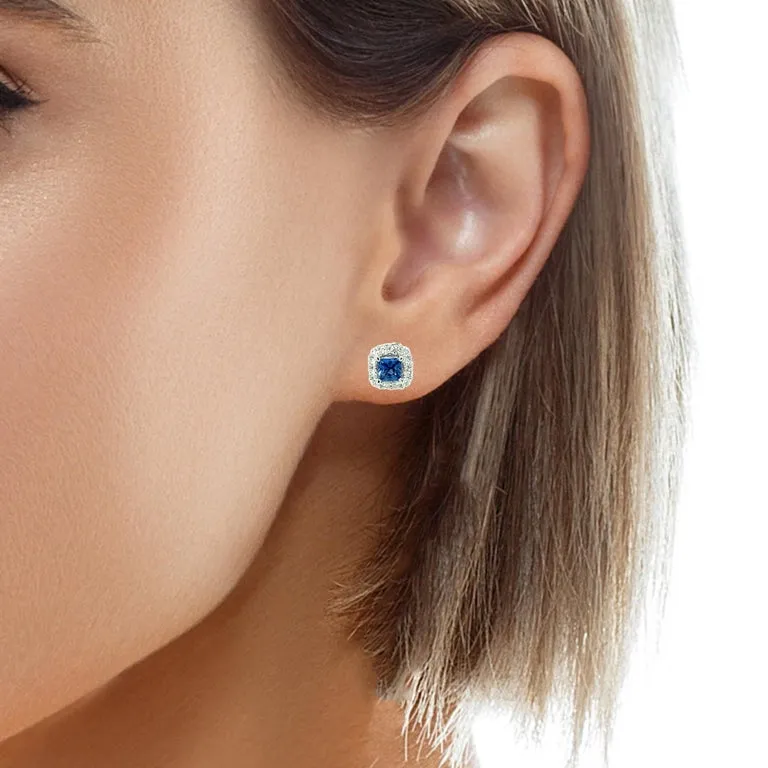 Cornflower Blue Sapphire, Diamond Pave and White Gold Stud Post Earrings