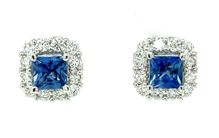 Cornflower Blue Sapphire, Diamond Pave and White Gold Stud Post Earrings