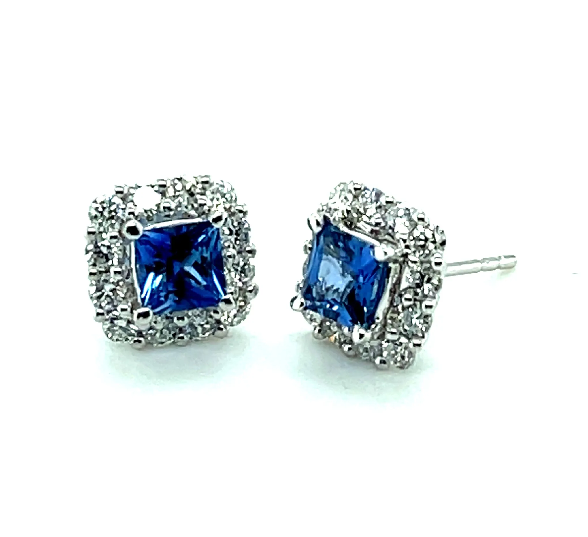 Cornflower Blue Sapphire, Diamond Pave and White Gold Stud Post Earrings