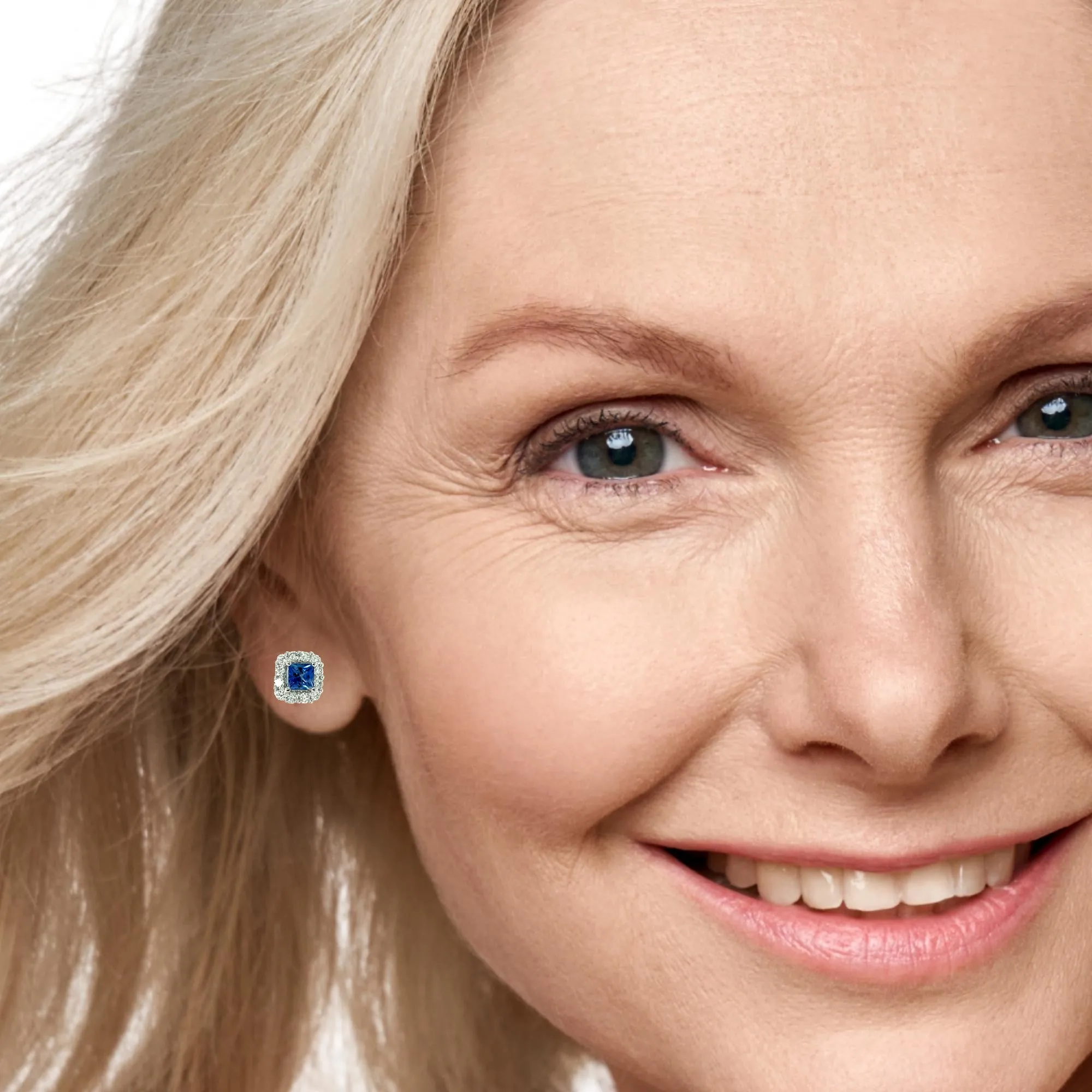 Cornflower Blue Sapphire, Diamond Pave and White Gold Stud Post Earrings