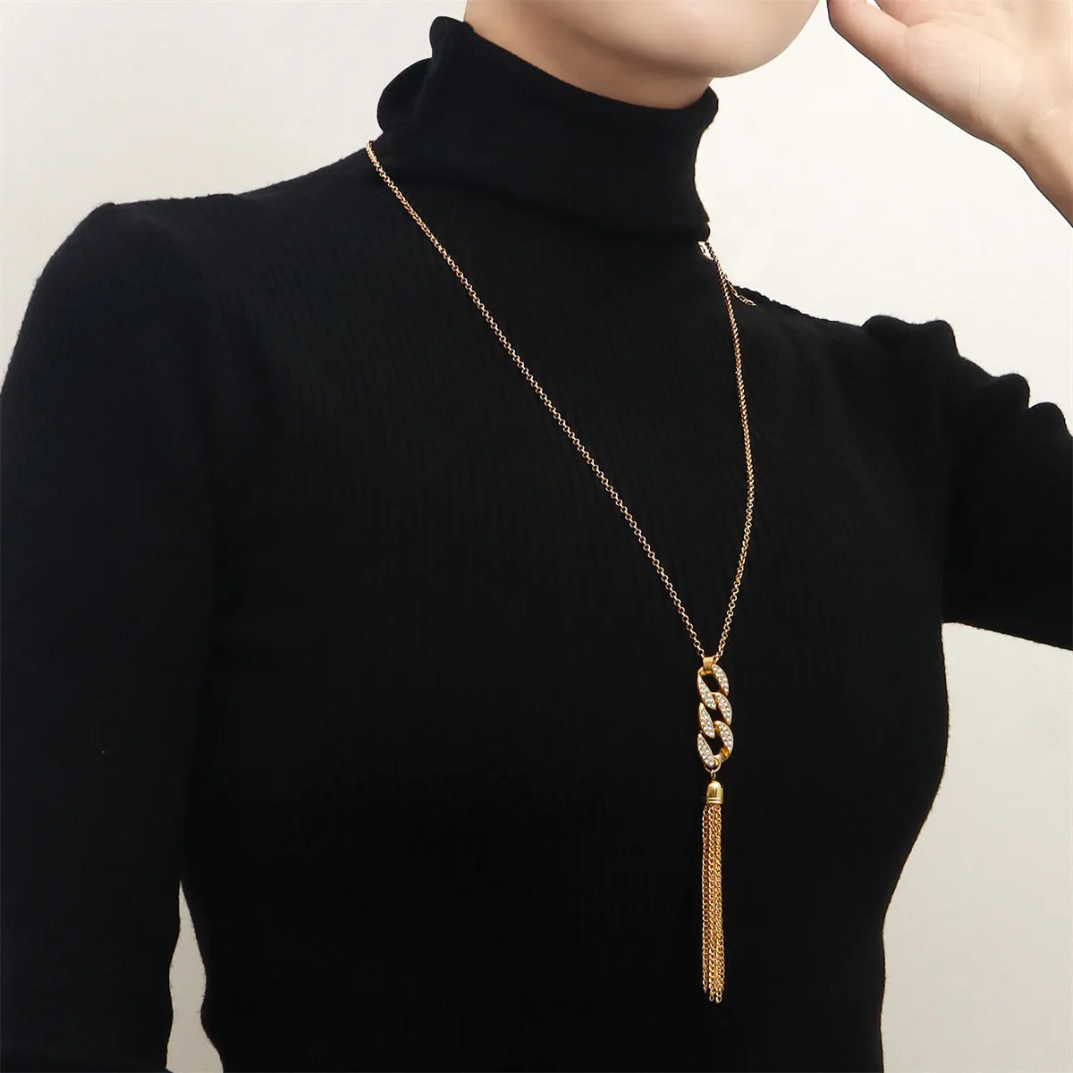 Cubic Zirconia & 18K Gold-Plated Curb Chain Tassel Pendant Necklace