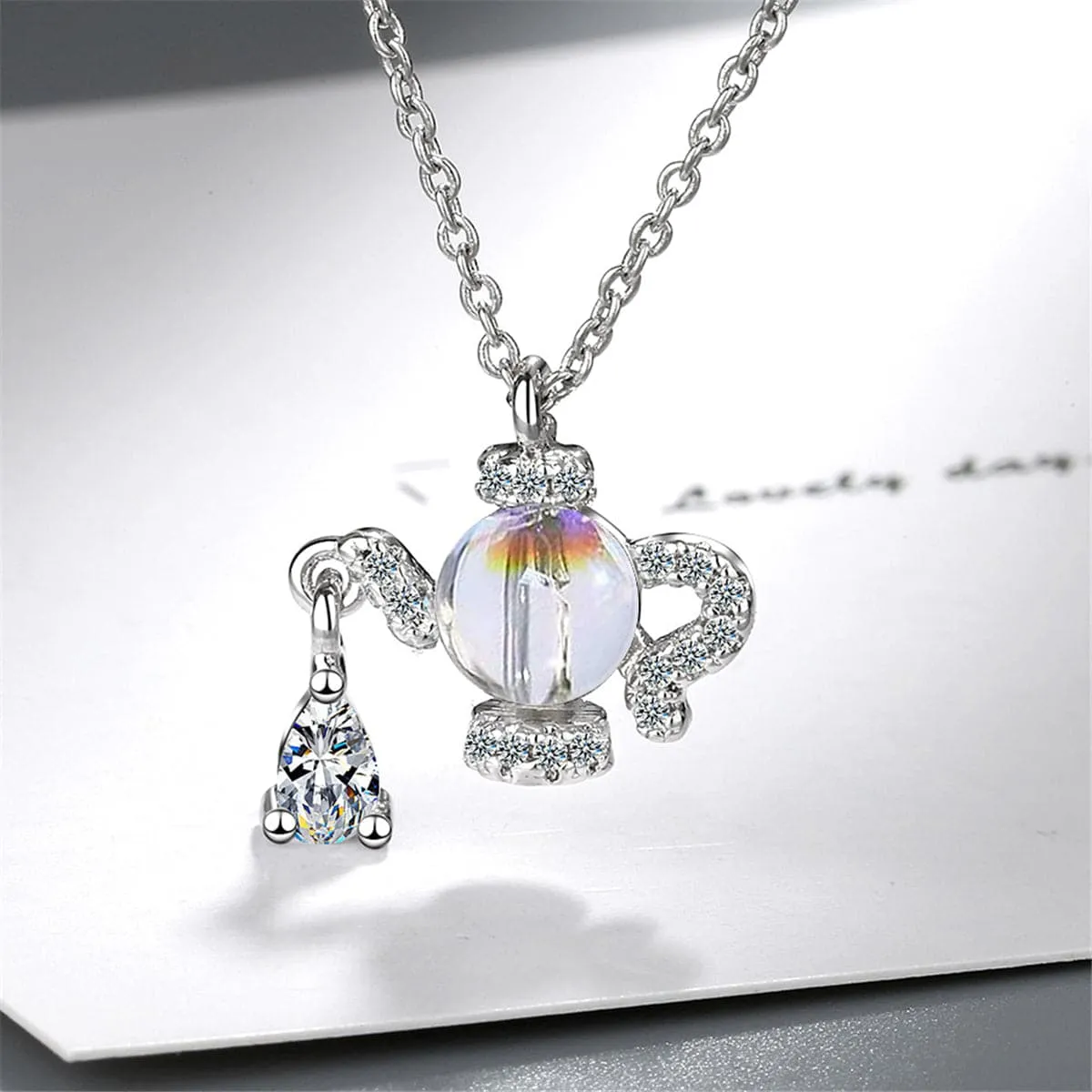 Cubic Zirconia & Crystal Silver-Plated Teapot Pendant Necklace