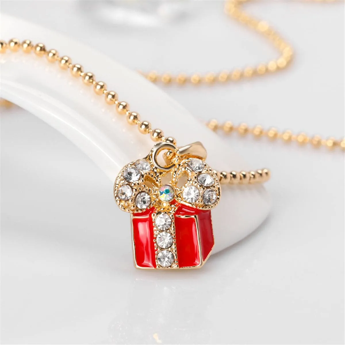 Cubic Zirconia & Enamel 18K Gold-Plated Gift Box Pendant Necklace