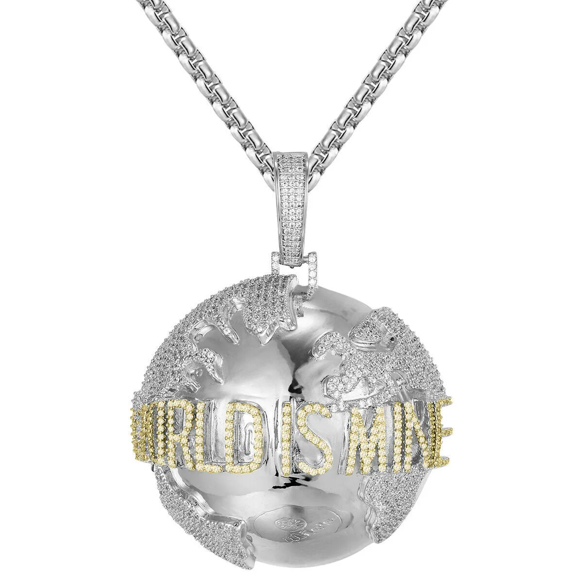 Custom 3D Planet Earth Map  Simulated Diamond  Pendant With Chain