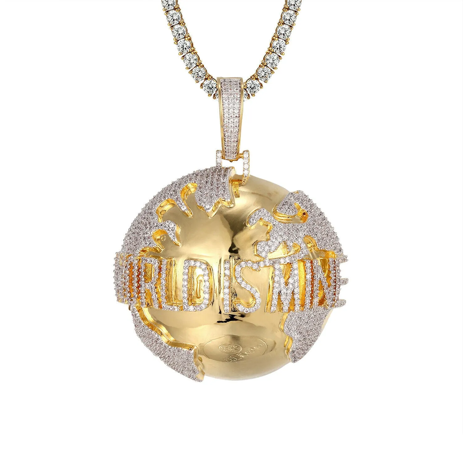 Custom 3D Planet Earth Map  Simulated Diamond  Pendant With Chain