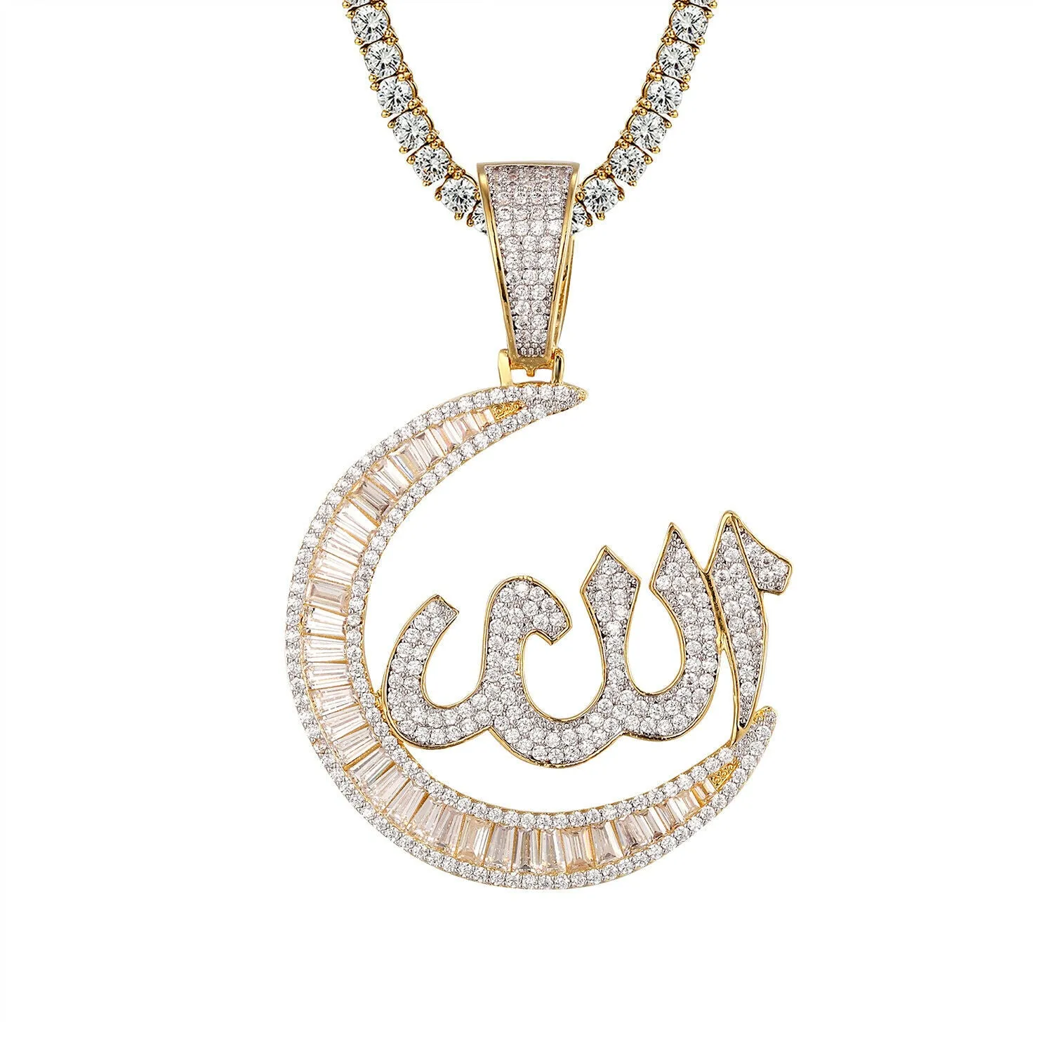 Custom Baguette Crescent Moon Allah Pendant Simulated Diamond  Pendant With Chain