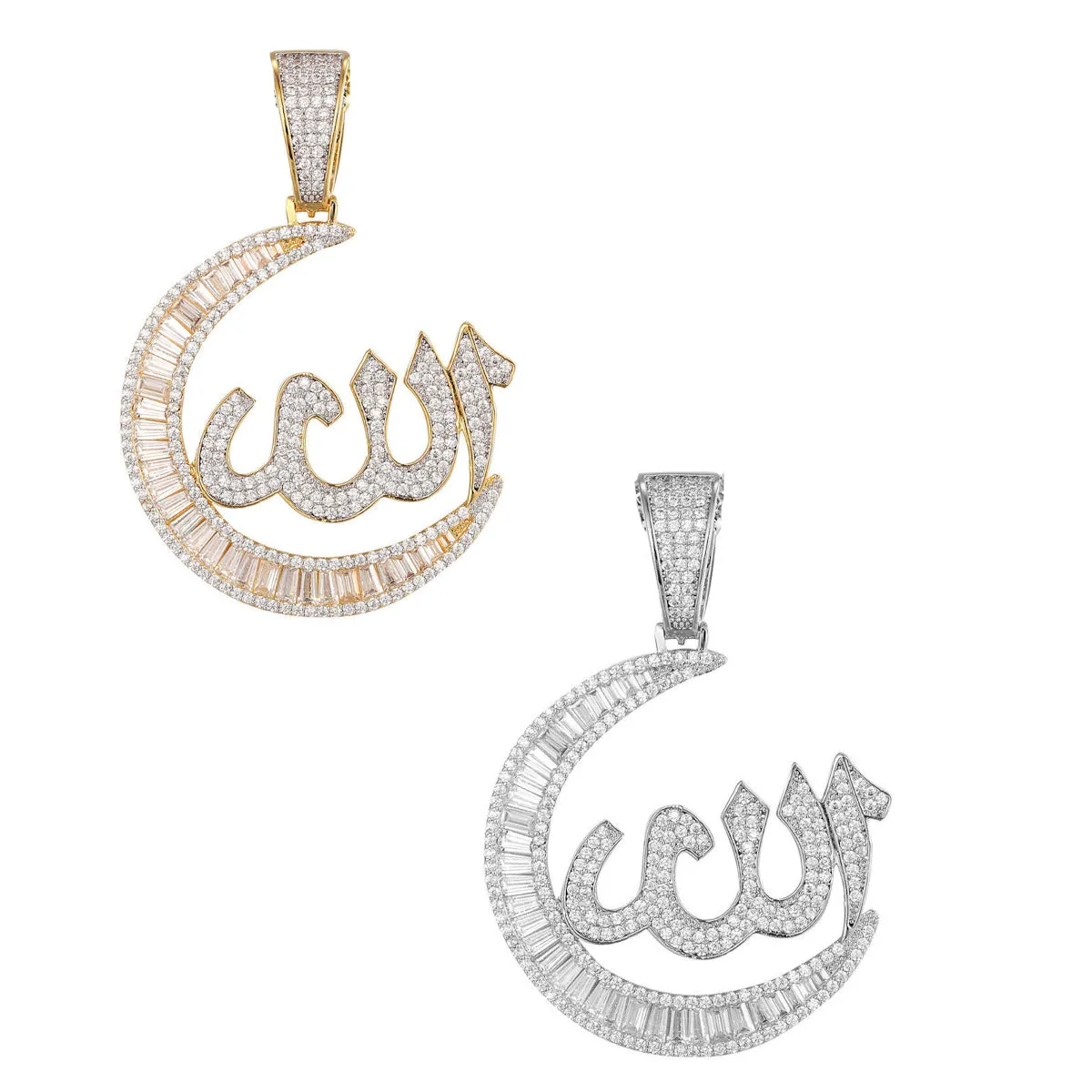 Custom Baguette Crescent Moon Allah Pendant Simulated Diamond  Pendant With Chain