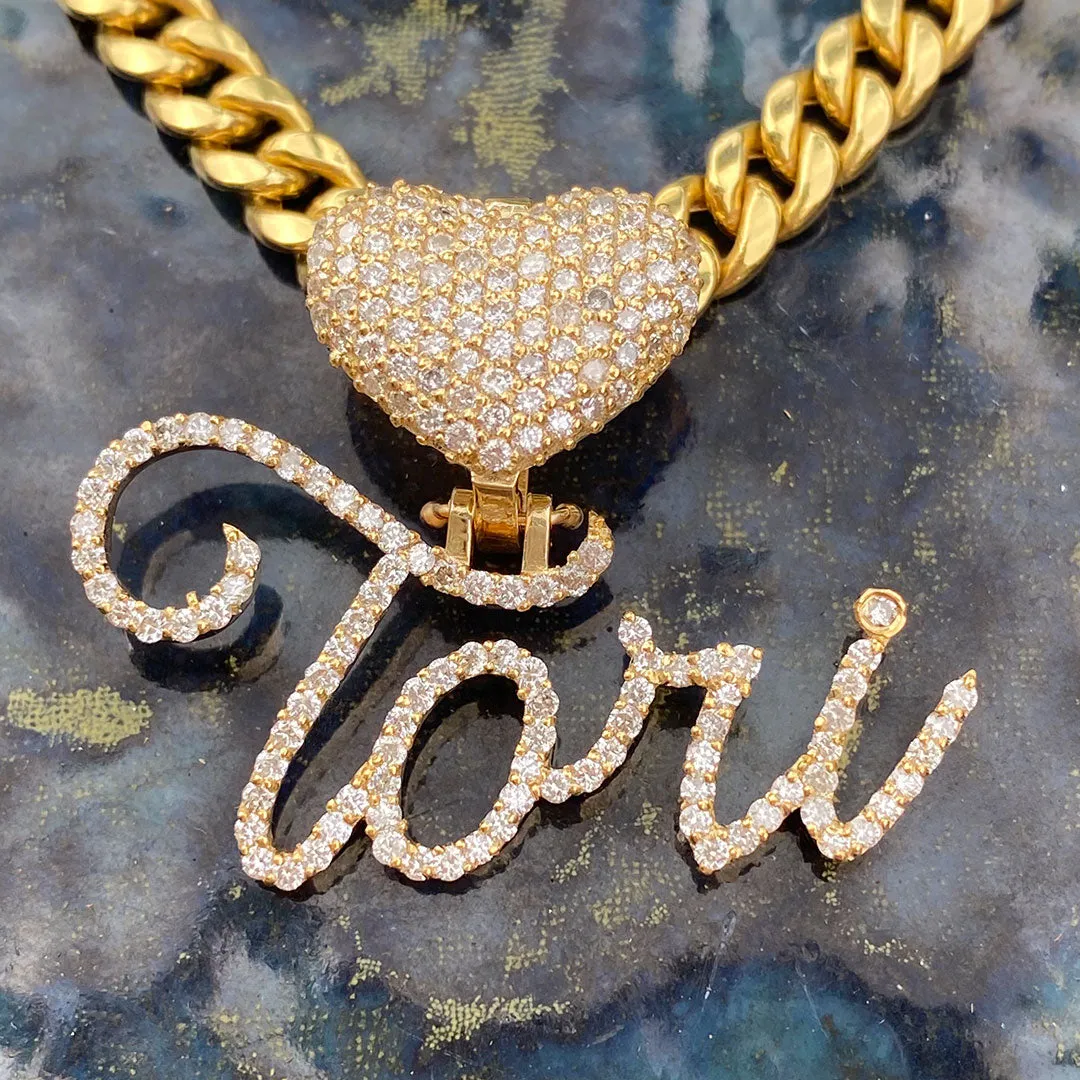 Custom Diamond Heart Puff & Cursive Personalized Name Pendant