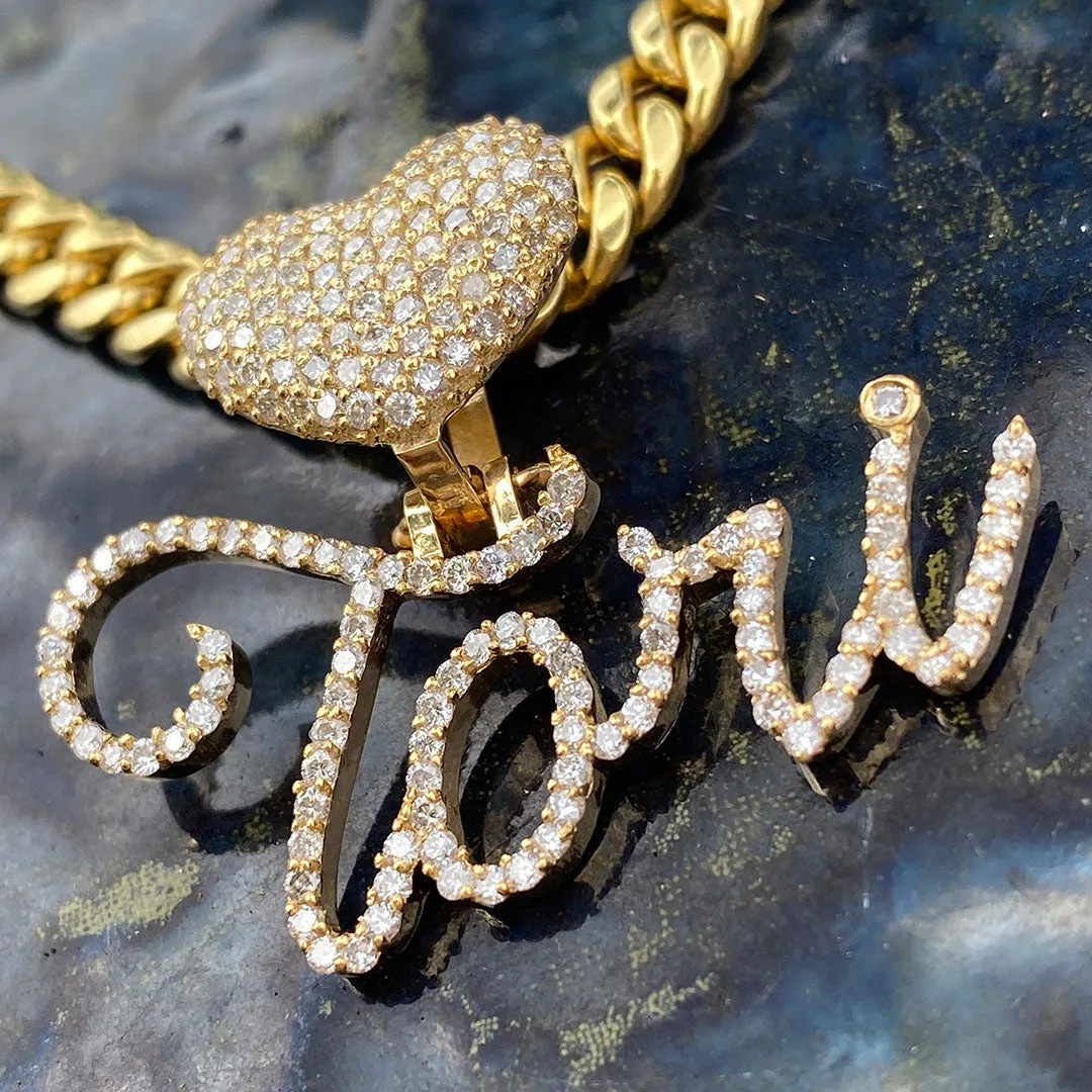 Custom Diamond Heart Puff & Cursive Personalized Name Pendant
