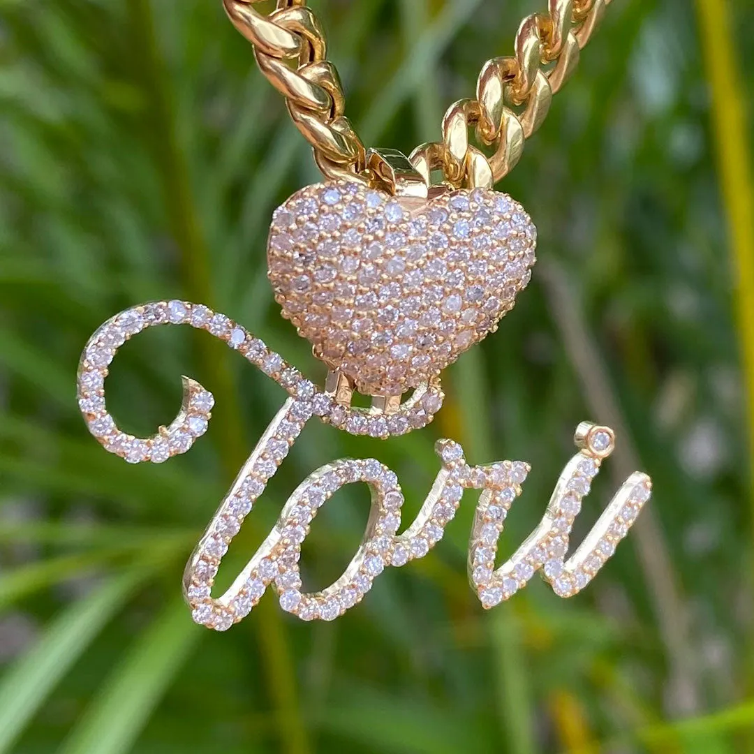 Custom Diamond Heart Puff & Cursive Personalized Name Pendant
