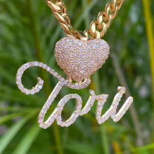 Custom Diamond Heart Puff & Cursive Personalized Name Pendant
