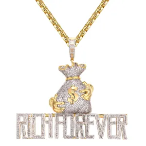 Custom Money Bag Rich Forever  Simulated Diamond With Chain