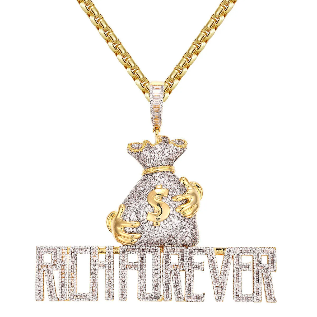 Custom Money Bag Rich Forever  Simulated Diamond With Chain