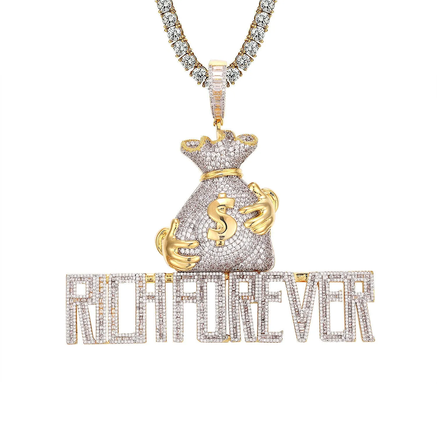 Custom Money Bag Rich Forever  Simulated Diamond With Chain