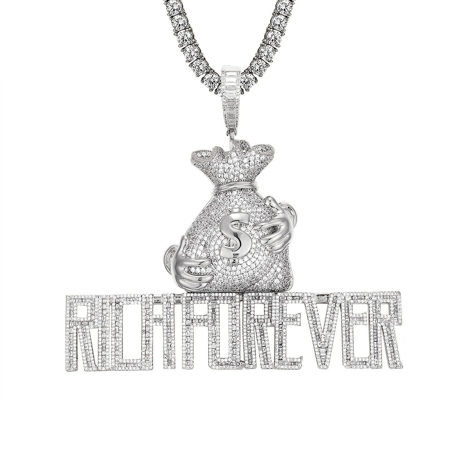 Custom Money Bag Rich Forever  Simulated Diamond With Chain