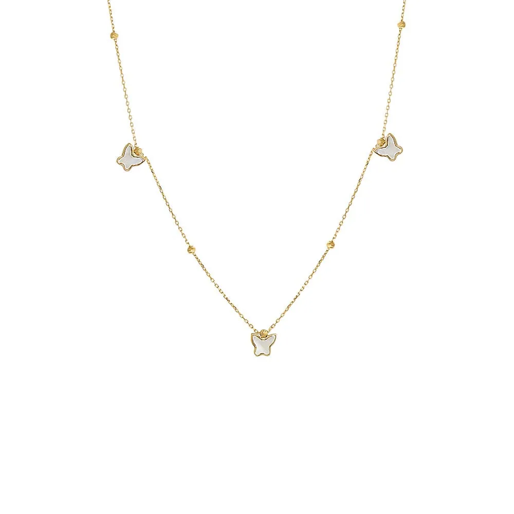 Dangling Mother Of Pearl Butterfly Charms Necklace 14K