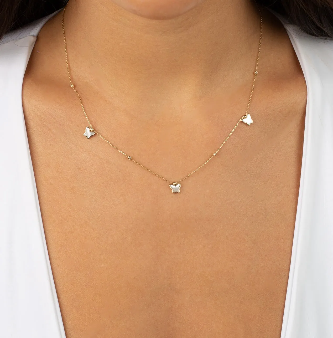 Dangling Mother Of Pearl Butterfly Charms Necklace 14K