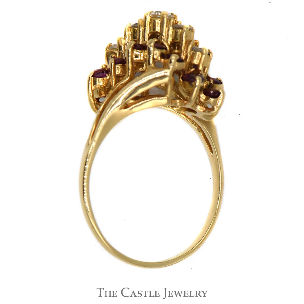 Diamond & Ruby Waterfall Cocktail Cluster Ring in 14k Yellow Gold Split Shank Setting