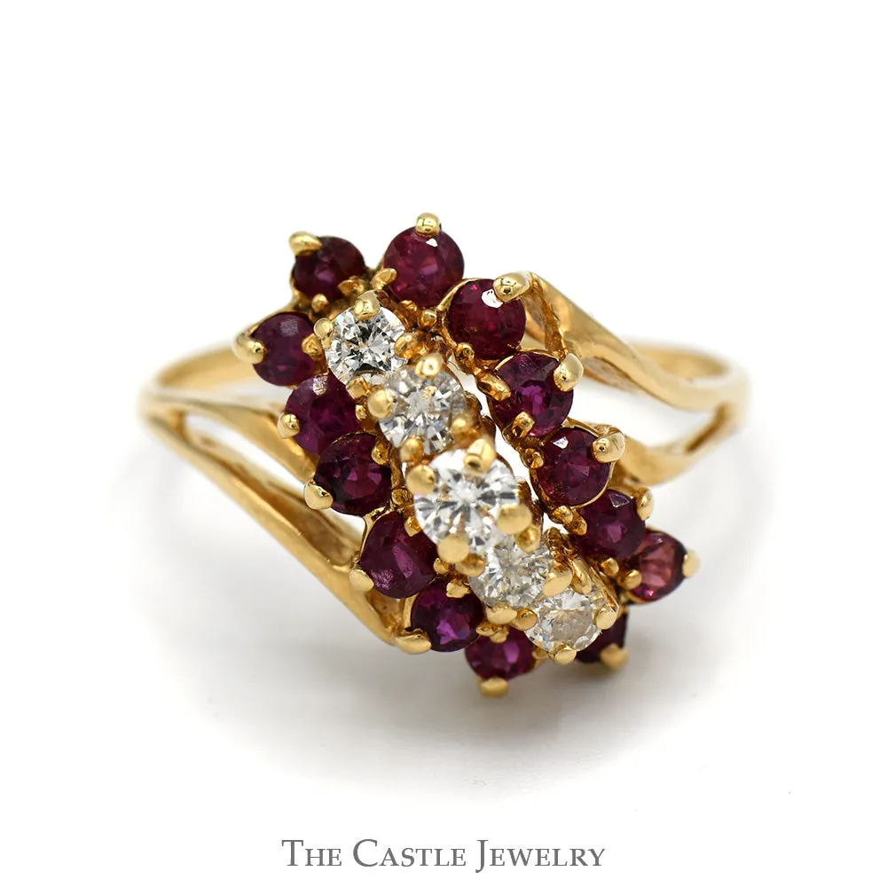 Diamond & Ruby Waterfall Cocktail Cluster Ring in 14k Yellow Gold Split Shank Setting