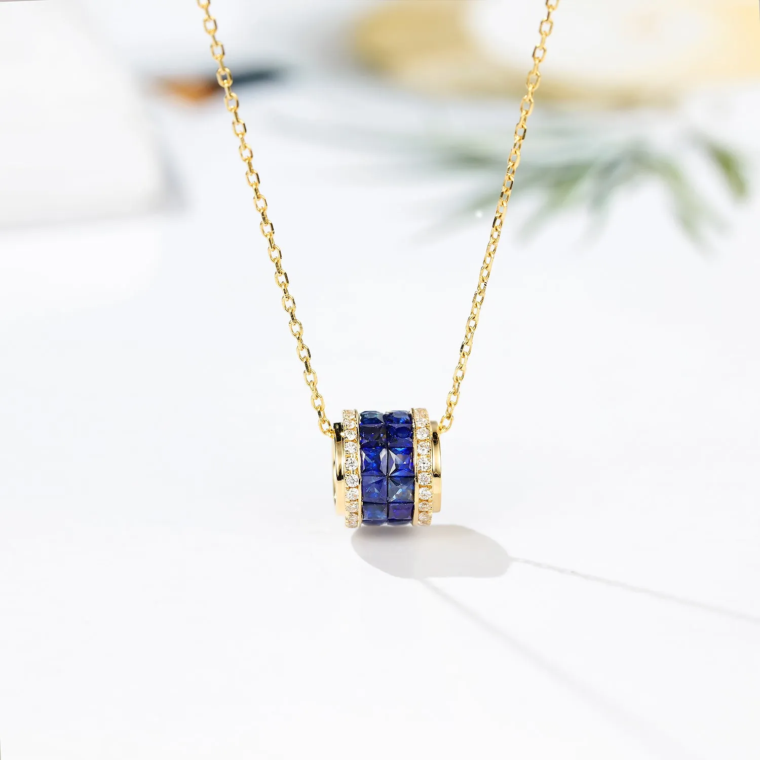Diamond and Blue Sapphire Cylinder Pendant Necklace