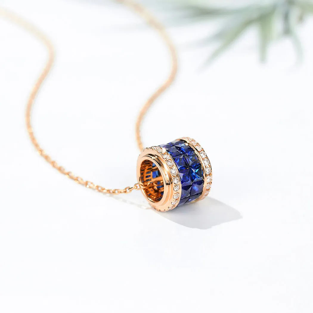 Diamond and Blue Sapphire Cylinder Pendant Necklace
