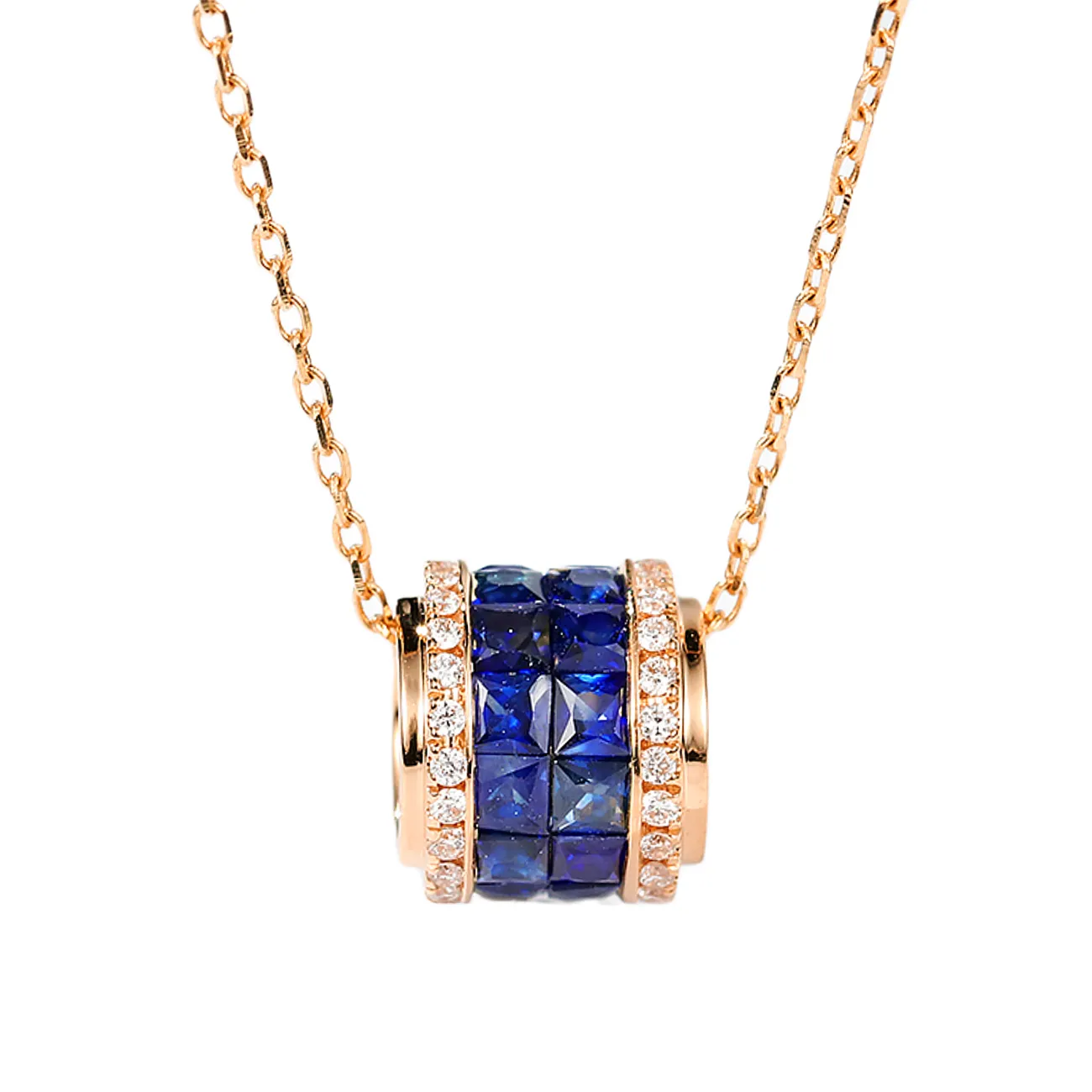 Diamond and Blue Sapphire Cylinder Pendant Necklace
