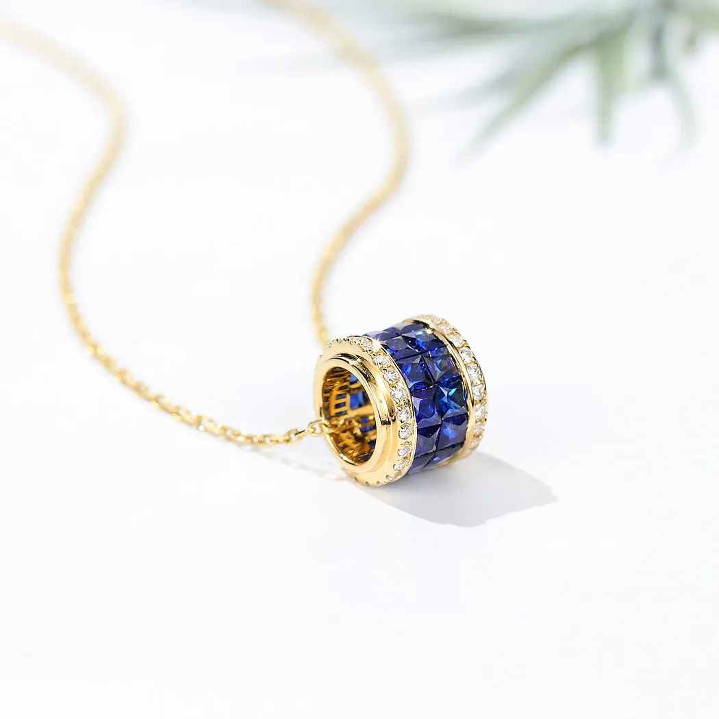 Diamond and Blue Sapphire Cylinder Pendant Necklace
