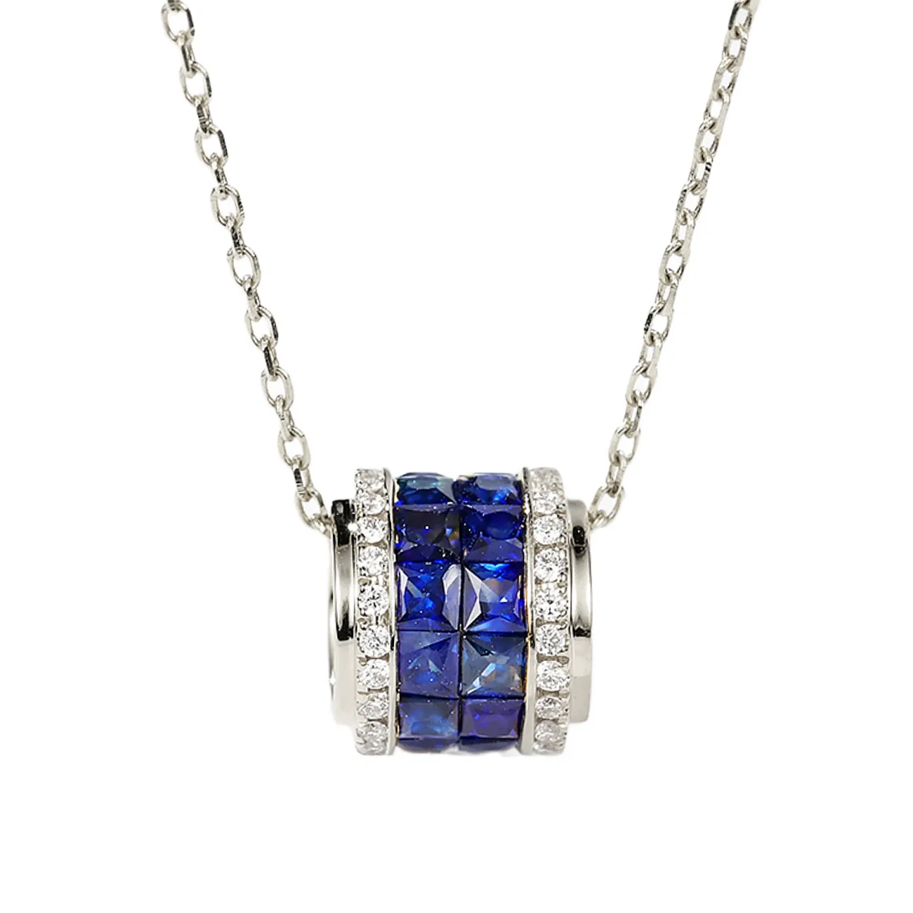 Diamond and Blue Sapphire Cylinder Pendant Necklace