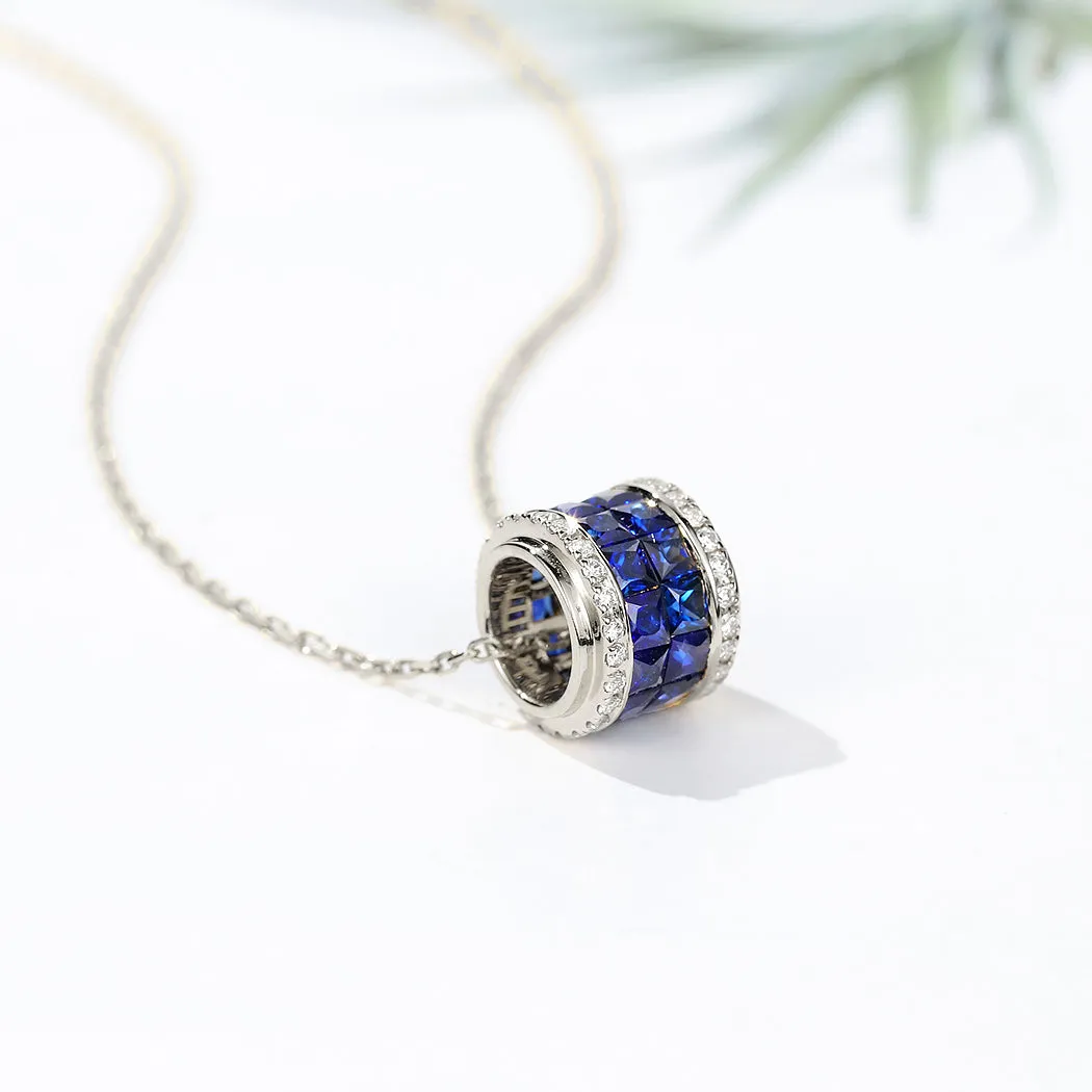 Diamond and Blue Sapphire Cylinder Pendant Necklace