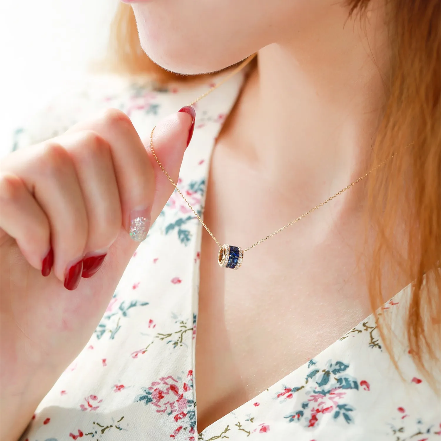 Diamond and Blue Sapphire Cylinder Pendant Necklace
