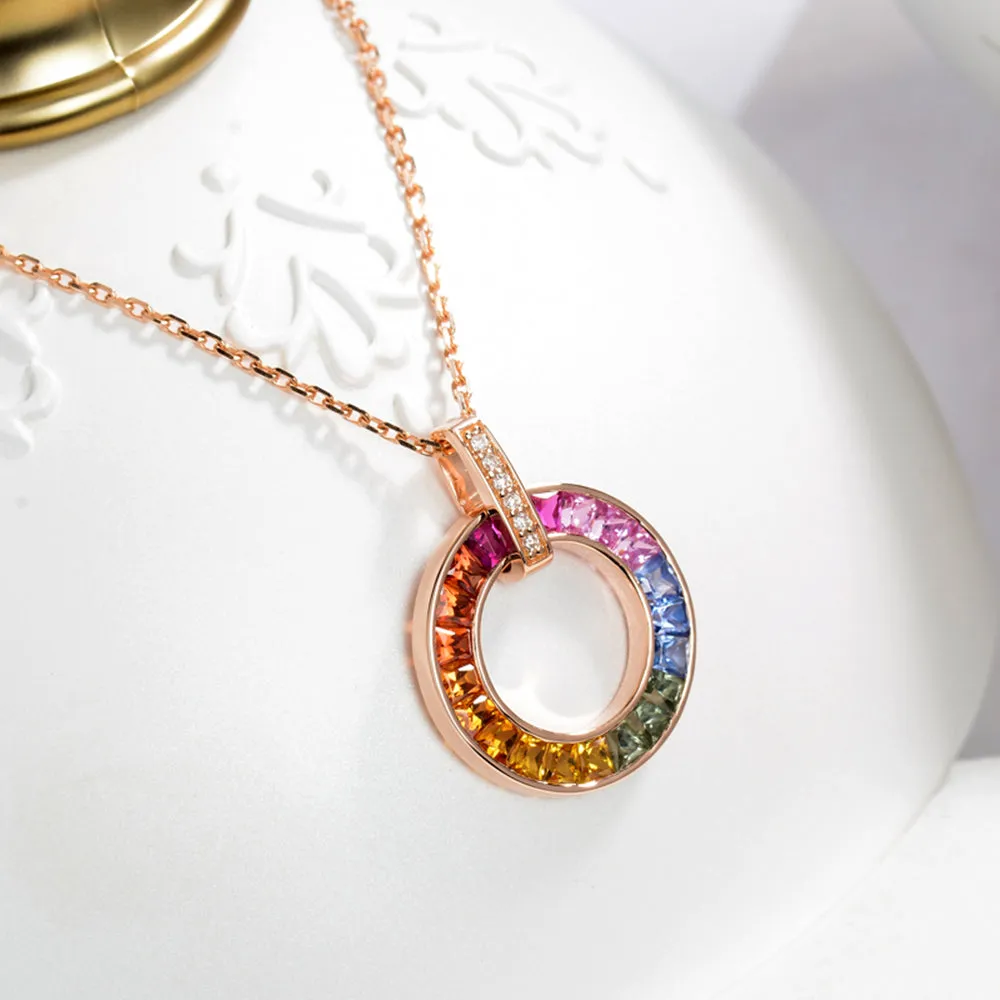 Diamond and Rainbow Sapphire Circle Pendant (Pendant Only)