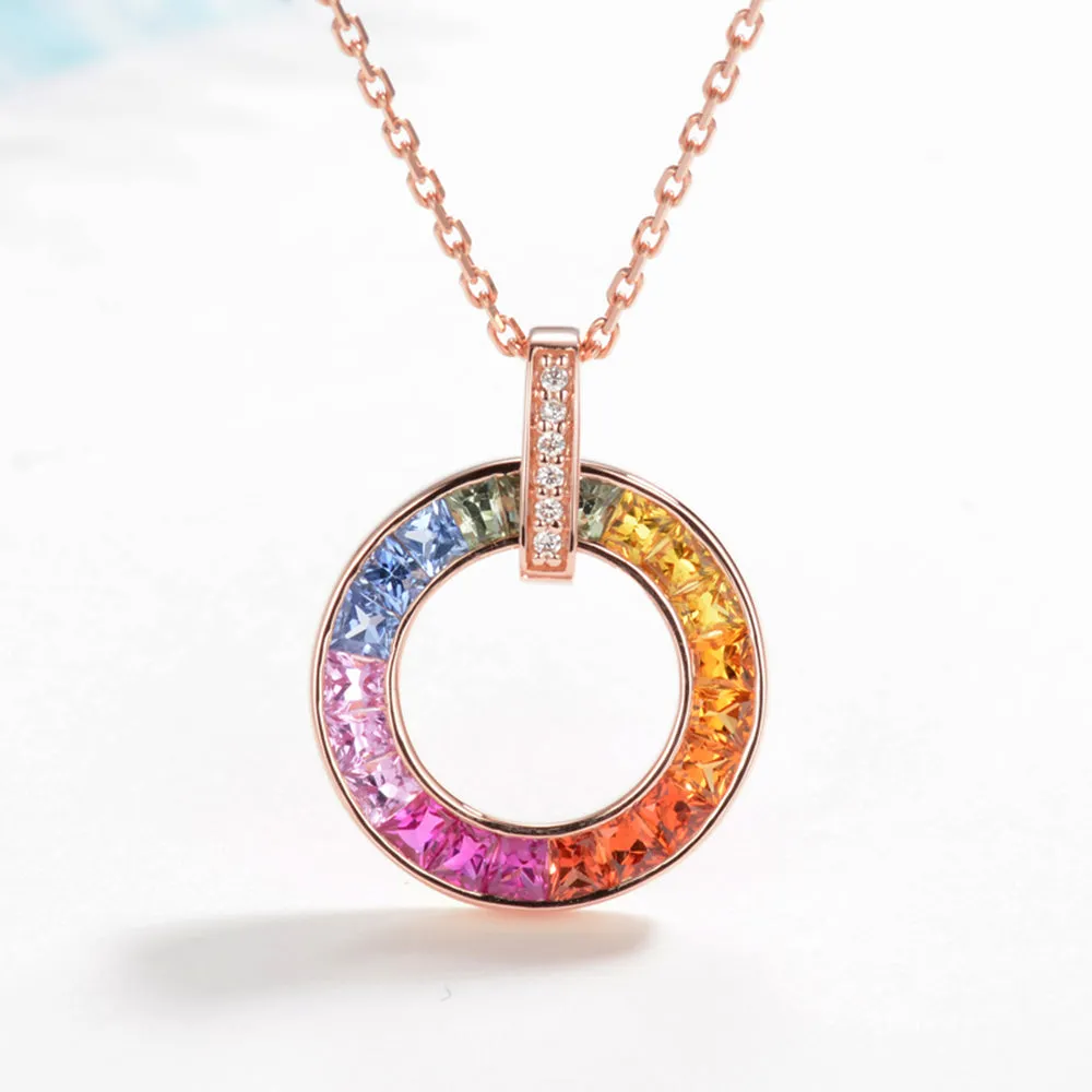 Diamond and Rainbow Sapphire Circle Pendant (Pendant Only)