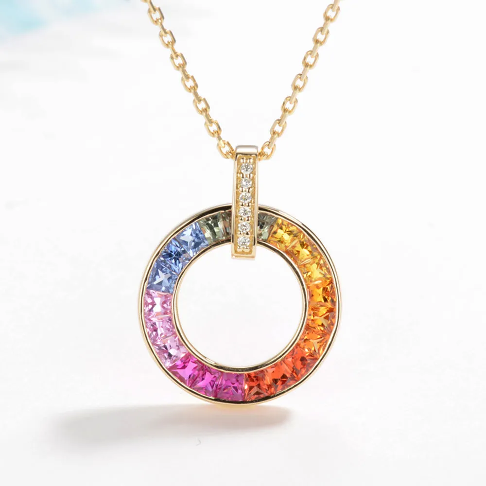 Diamond and Rainbow Sapphire Circle Pendant (Pendant Only)