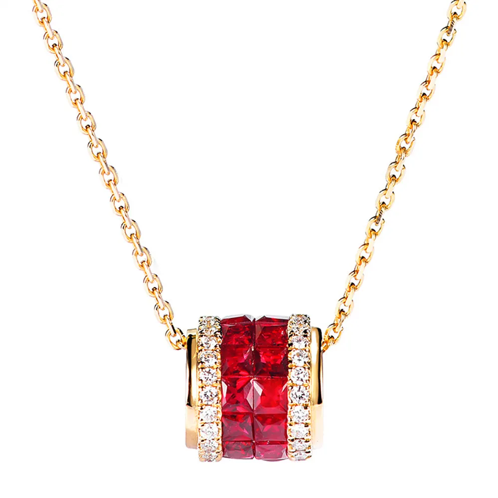 Diamond and Ruby Rolling Cylinder Pendant Necklace