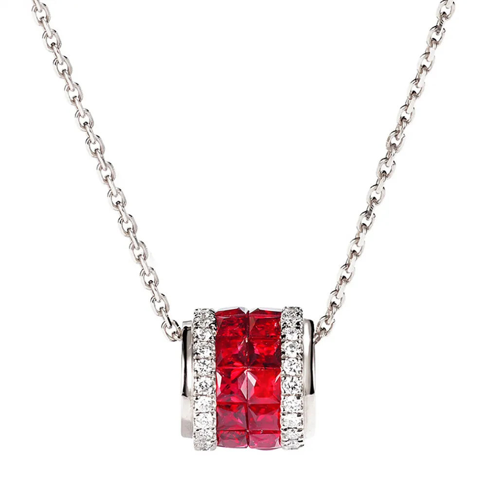 Diamond and Ruby Rolling Cylinder Pendant Necklace